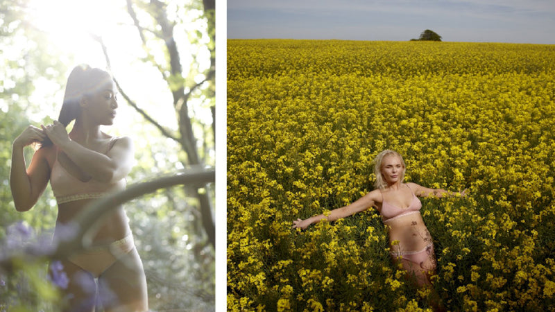 Women photographed in the countryside for sustainable brand 'Bedstraw and Madder', an ethical and sustainable brand that sells eco-friendly clothes.