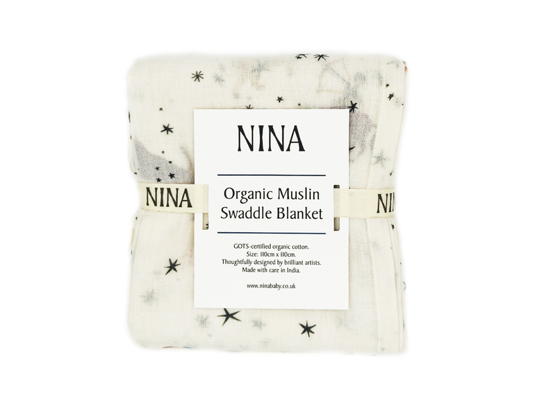 Organic muslin swaddle blanket for newborns in packaging